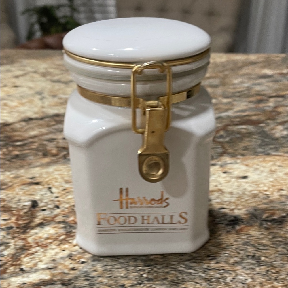 Vintage Harrods Gold and White Ceramic Storage Jar